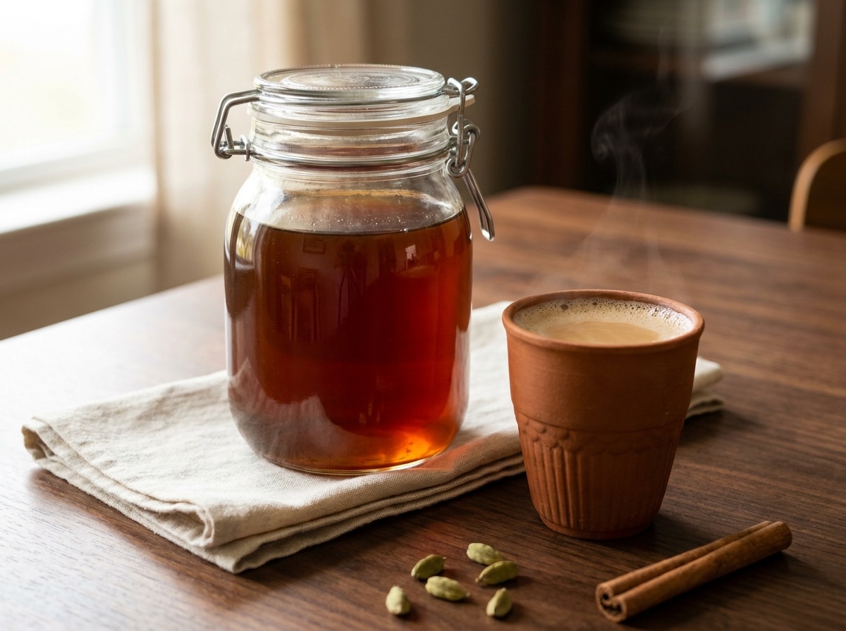 A glass jar of dark amber chai concentrate next to a terracotta cup of milky masala chai