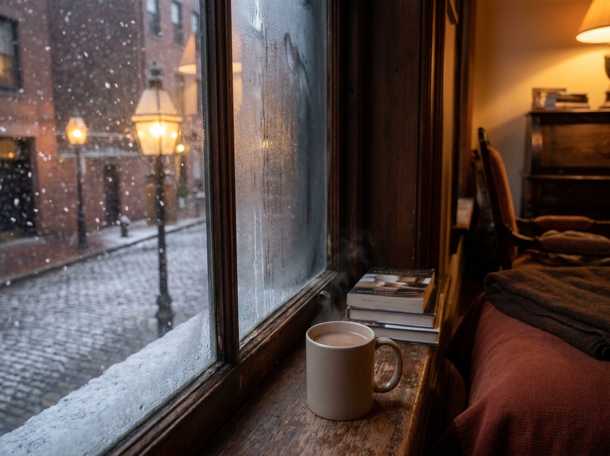 A mug of chai on a windowsill looking out on a snowy Boston street