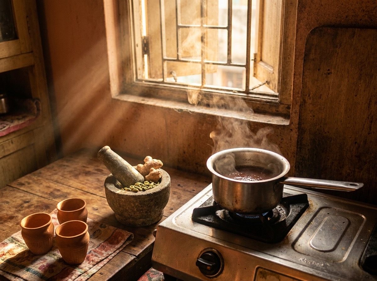 A pot of chai simmering on a stove at dawn beside a stone mortar of crushed cardamom